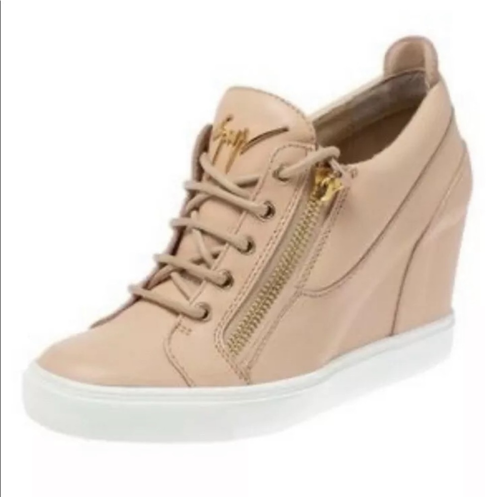 Giuseppe Zanotti Lorenz Zip-Front Wedge Sneakers Tan Nude Size 37 MSRP $795 HOT!